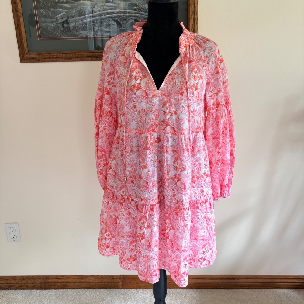 Tommy Bahama Tiered Mini Dress Womens XS Pink Tropical Floral Cotton Tencel Luxe